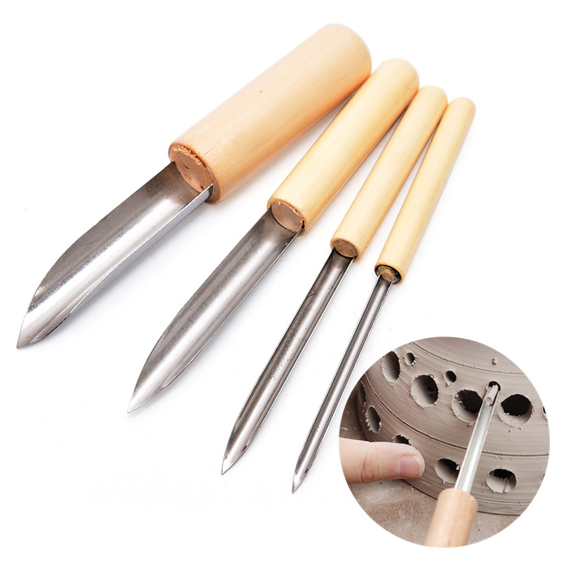 Wood Chisel Set - เครื่องปั้นดินเผาเครื่องมือเจาะ4ชิ้น/เซ็ตหัวสแตนเลสจับไม้ครึ่งวงกลม/วงกลมเปิดรู Chisel เครื่องมือร่อง