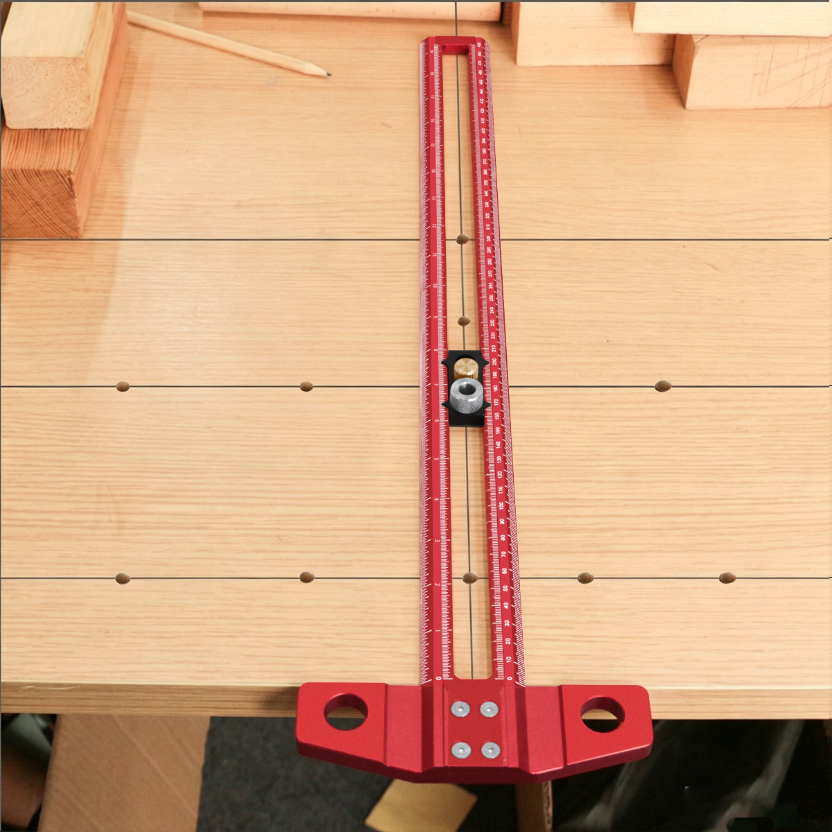 Woodworking Gauge - ไม้บรรทัดวัดมุม T-Square สำหรับงานไม้, ไม้บรรทัดเขียนแบบพร้อมตัวปรับระดับและที่นำดินสอ, สเกลคู่ (เมตริก/นิ้ว)