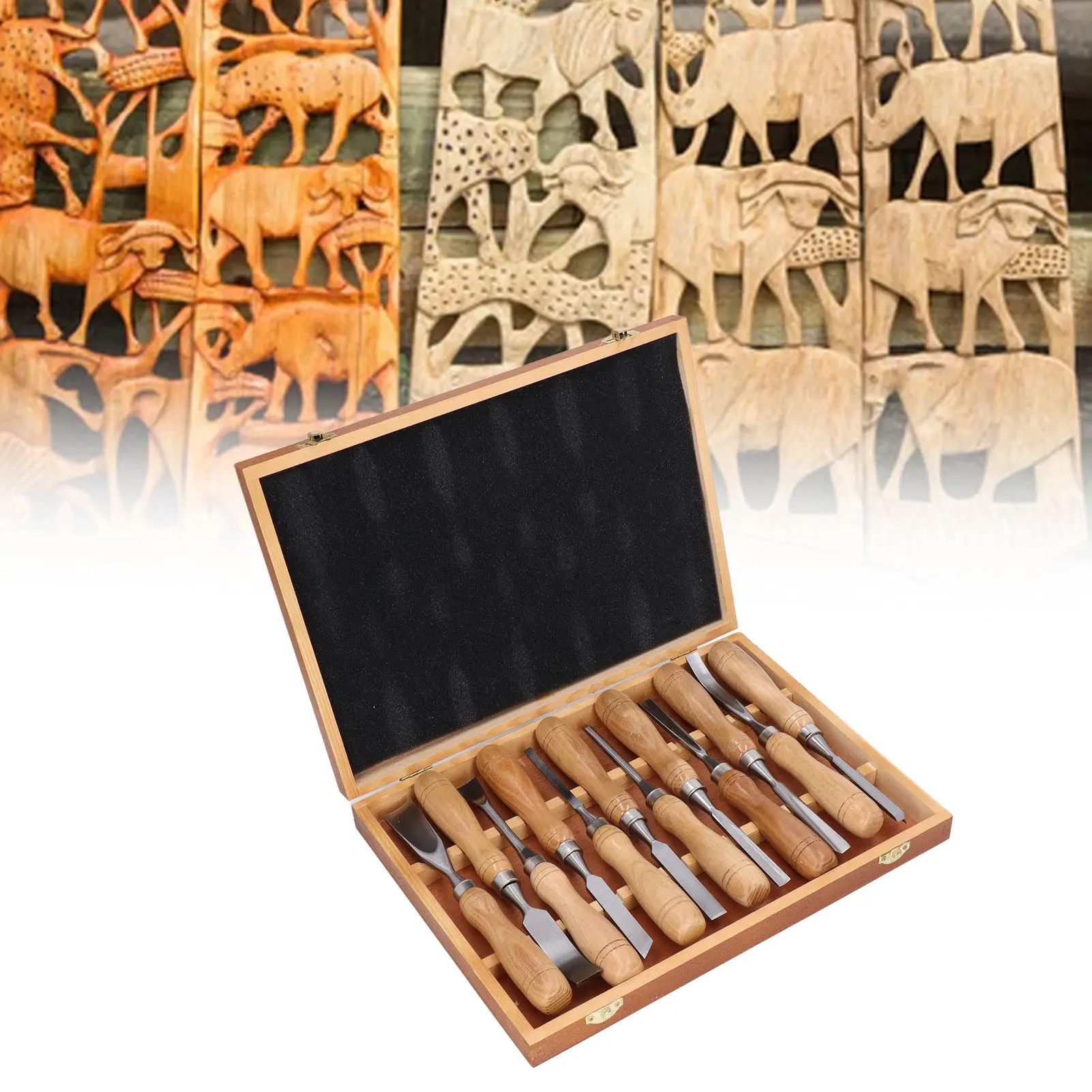Wood Chisel Set - ชุดเครื่องมือแกะสลักไม้ 12 ชิ้น/ชุด, ชุดสิ่วแกะสลักด้ามไม้ ใบมีด CRV