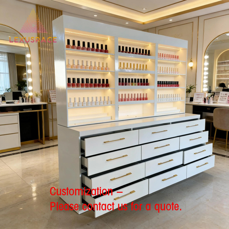 Woodworking Show - ชั้นวางของไม้แบบกำหนดเอง ชั้นวางโชว์สินค้าร้านตัดผม ร้านเสริมสวย ดีไซน์ทันสมัย ตู้เก็บเครื่องสำอาง กระจก