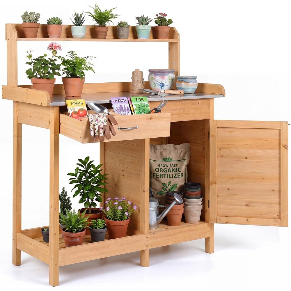 Woodworking Bench - โต๊ะทำงานในสวนกลางแจ้งพร้อมตู้เก็บของ ชั้นวางของแบบเปิด ตะขอเกี่ยวข้าง ท็อปโต๊ะโลหะสำหรับทำสวน