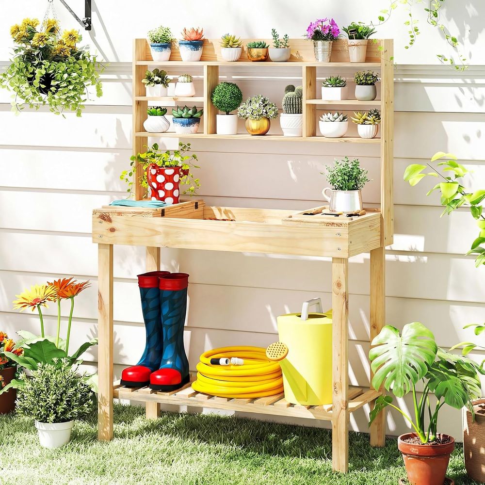 Woodworking Bench - โต๊ะทำงานในสวน, โต๊ะทำงานไม้ขนาด 60 นิ้ว พร้อมที่เก็บของ, ท็อปโต๊ะแบบยกได้,